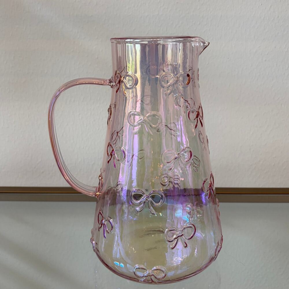BellaLux Embossed Bow PINK Luster Glass Pitcher 9.25in Chic Barware NEW - Picture 5 of 11